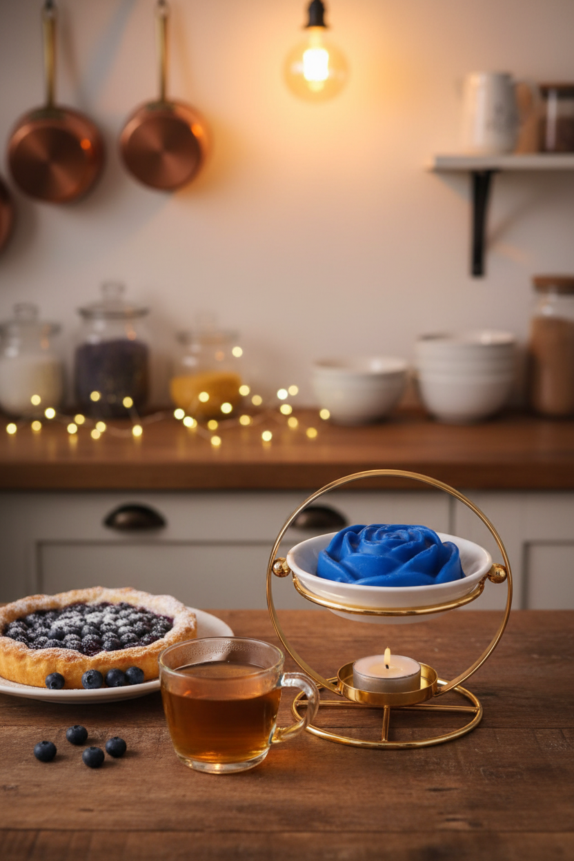 Blue rose wax melt in kitchen setting
