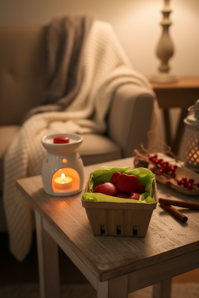 Apple basket in cozy autumn home setting