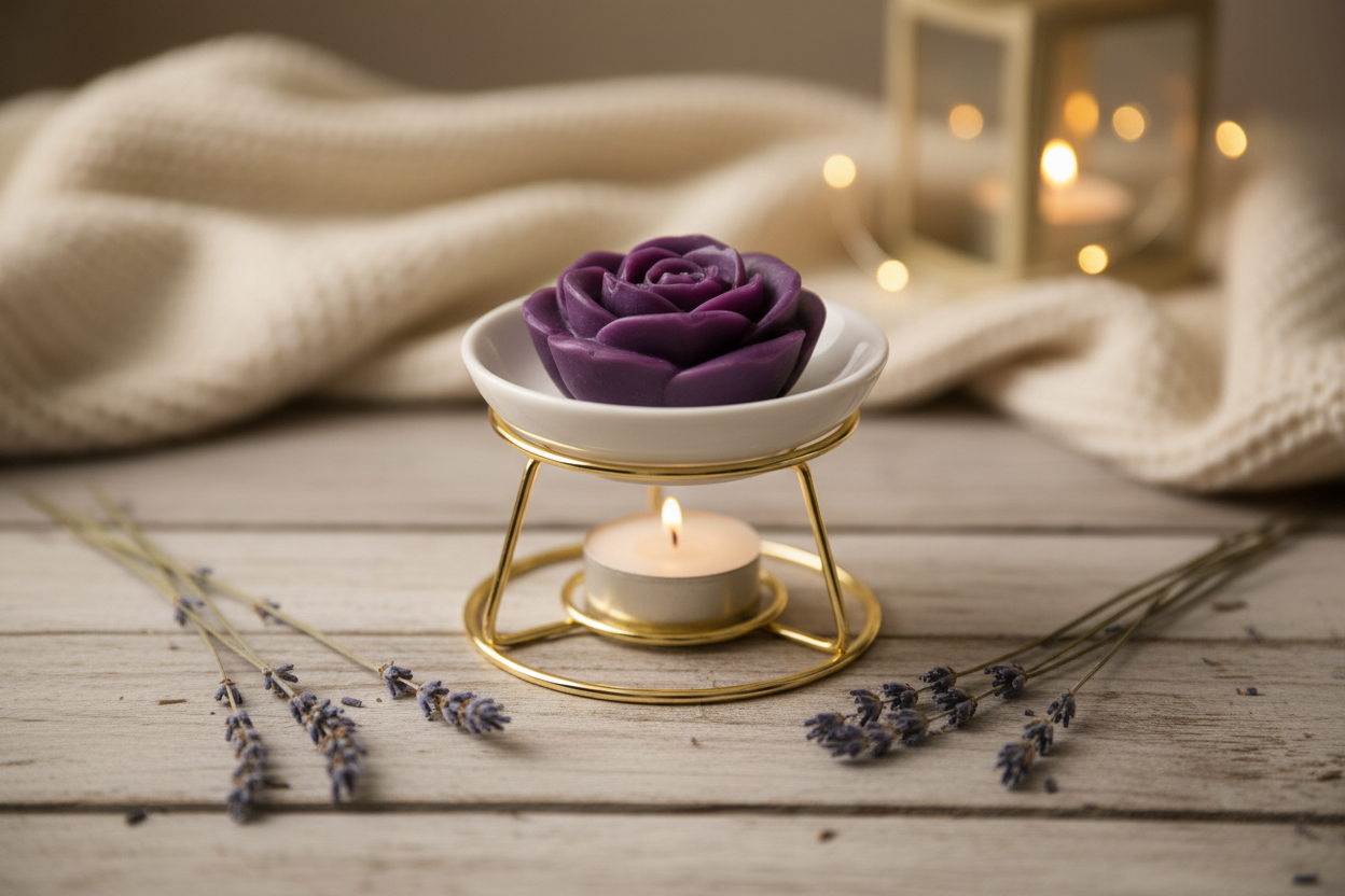 Lavender wax melt with dried lavender on rustic wood