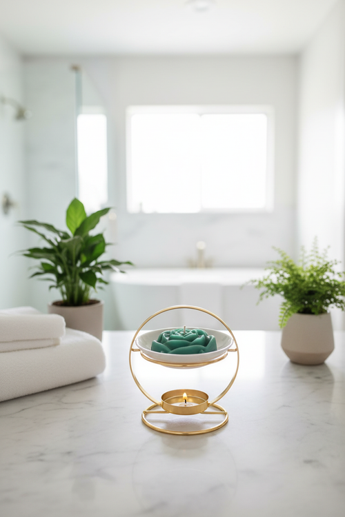 Cucumber melon wax melt in spa-like bathroom setting