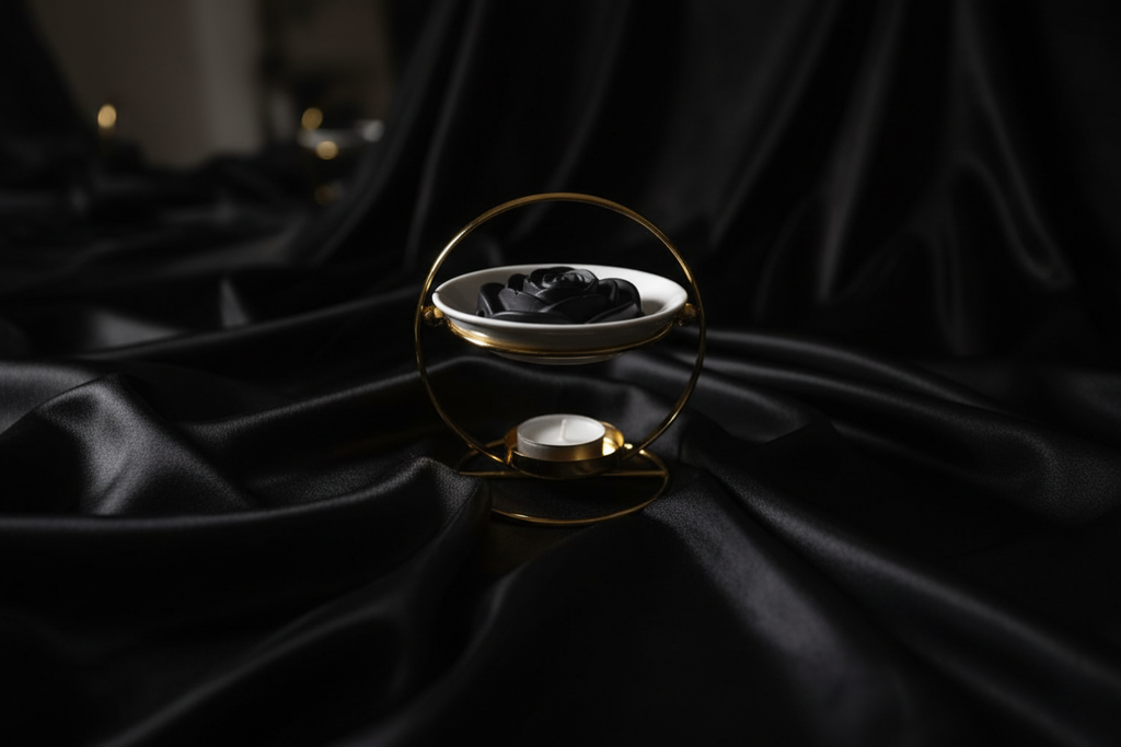 Black wax melt on luxurious black satin fabric