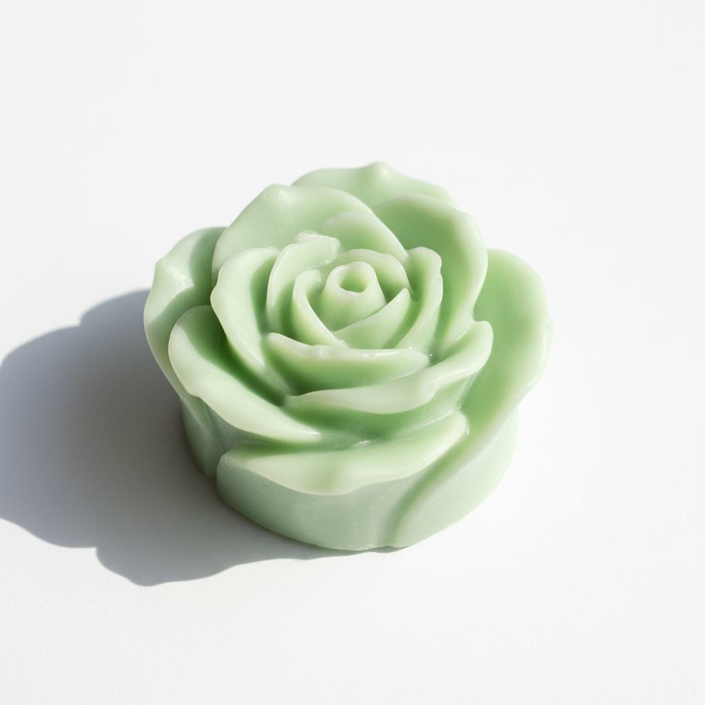 Light green flower-shaped wax melt on white background