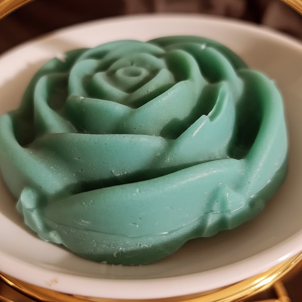 Close-up detail of light green flower wax melt
