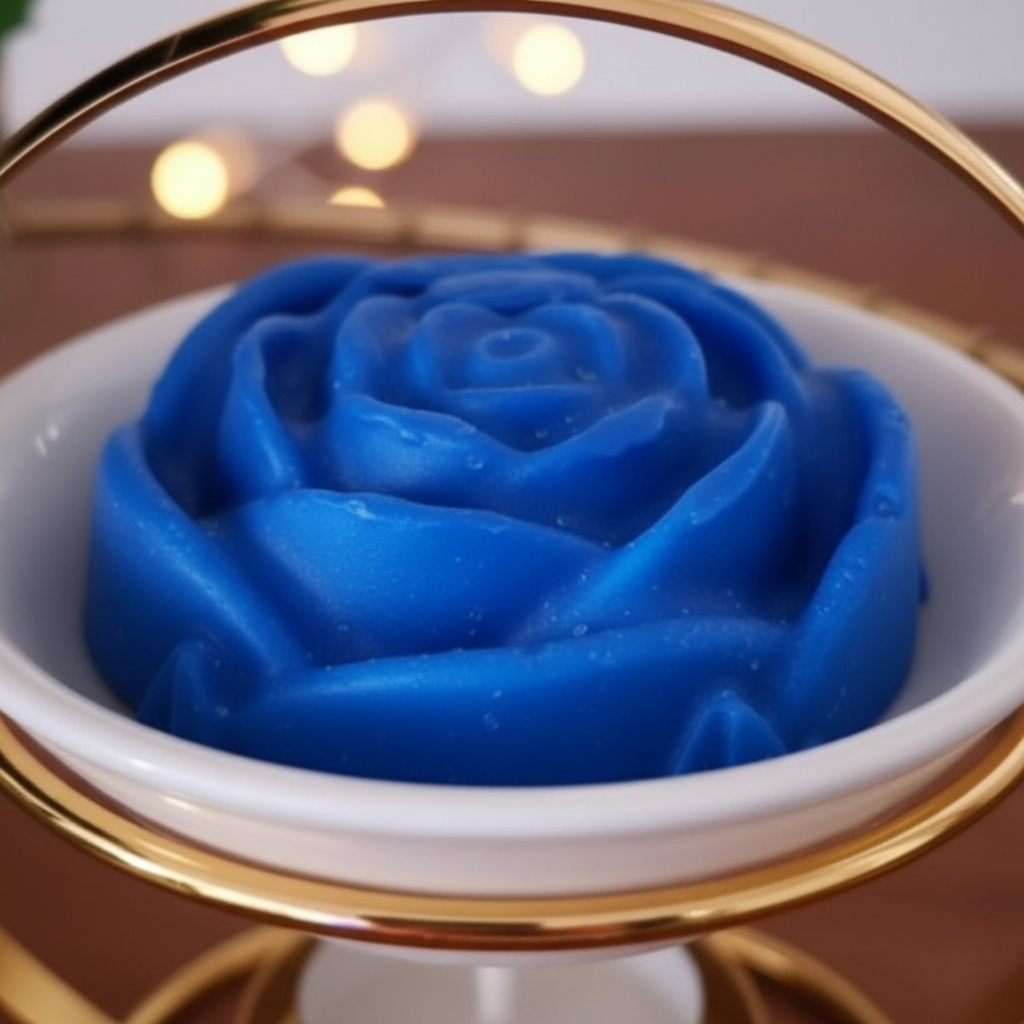 Close-up of blueberry cheesecake rose wax melt