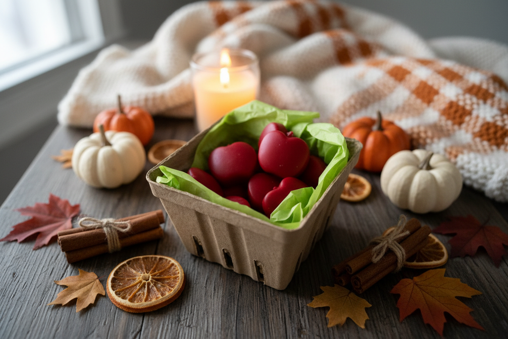 Apple basket with autumn decor and cinnamon