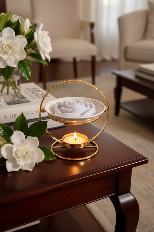 Gardenia rose wax melt in elegant home setting