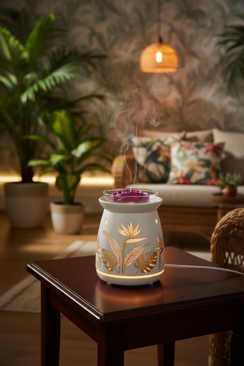 Purple rose wax melt in tropical interior